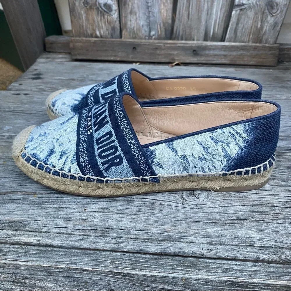 Dior Granville Tie Dye Denim Blue White Logo Embroidered Espadrille Flat 35